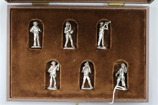 A modern set of six silver street musicians, cased, London